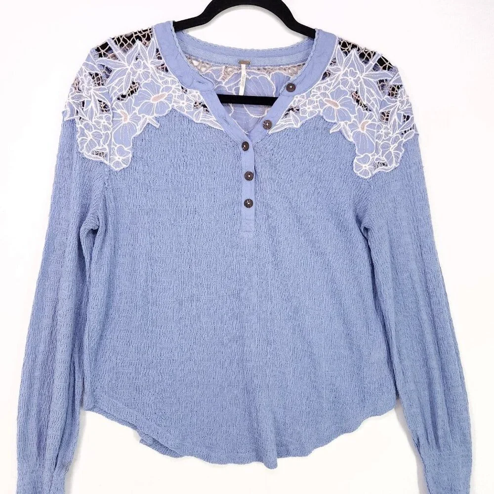 Free People Top Easy Breezy Lace Large Floral Applique Henley Long Sleeve Knit - Picture 5 of 14